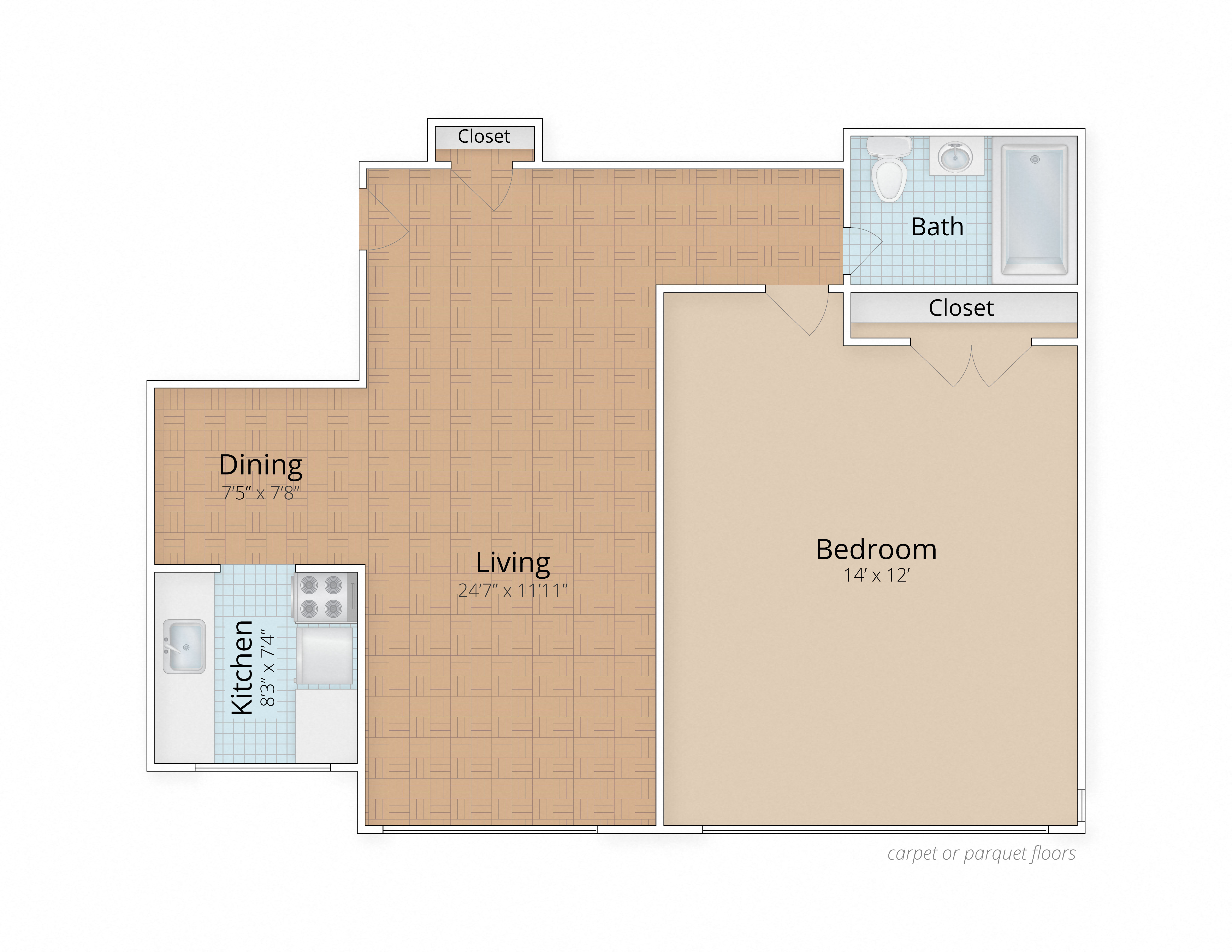 Floor plan for 1 bed, 1 bath, 565 sqft